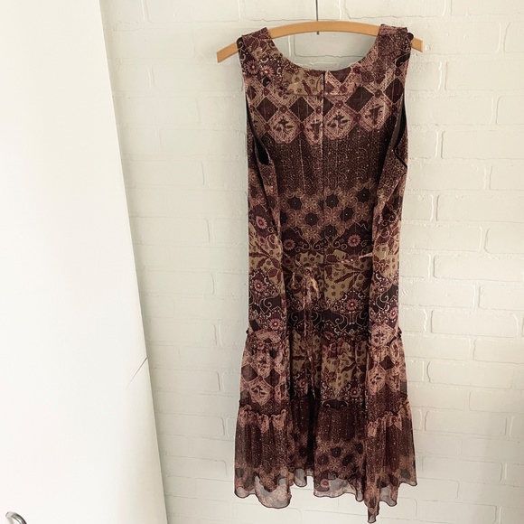 Vintage Y2K 90s midi dress Tiered Boho Burgundy Metallic Mixed print Sz 15 - Picture 12 of 15